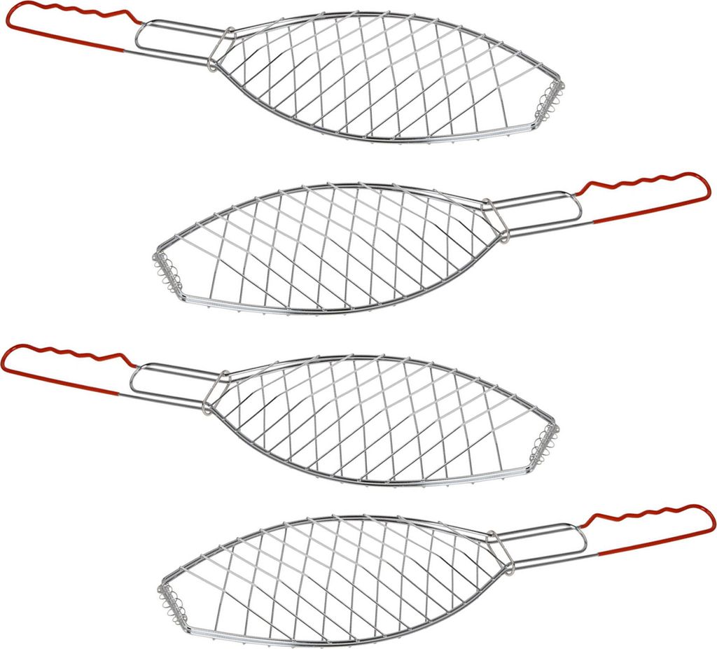 Fischgrillklammer 4er Set, Edelstahl, Silber, 58x13x3 cm, anpassbar, mit Gitter und Griff