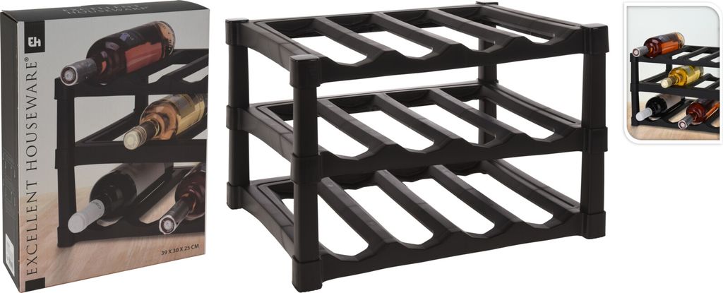 A black plastic wine rack is shown from the front, with a box of the same product to the left. A small inset image on the right shows a similar wine rack with bottles.