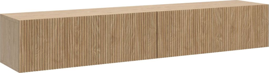 A long, low TV stand with a ribbed texture on the front.