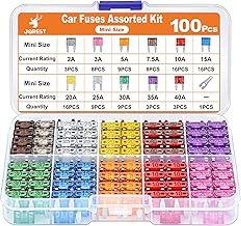 JOREST 100Pcs Kfz Sicherung Set - Mini Flachsicherungen Auto + 1 Sicherungszieher - Automotive Sicherungen für PKW/Wohnmobil/LKW/Motorrad (2 Amper...