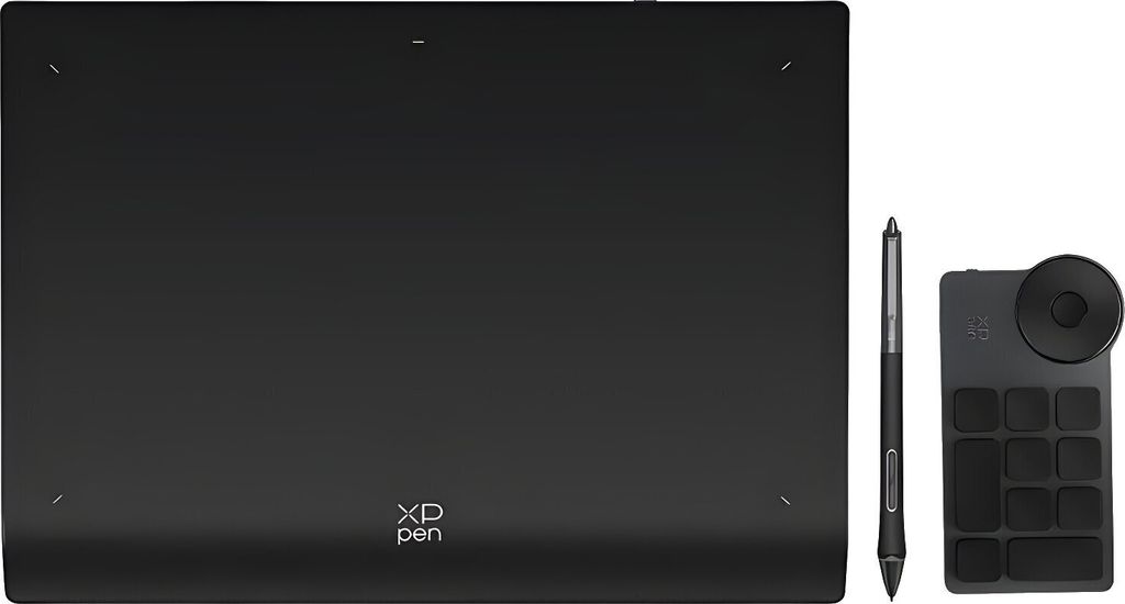 A black graphics tablet, stylus, and shortcut remote are laid out on a white background.