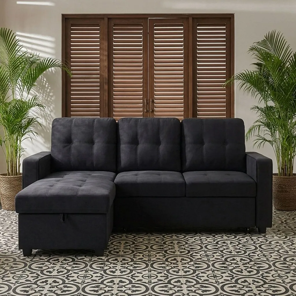 Canapé d'angle convertible Delacroix Velours Noir : gagnez de la place chic