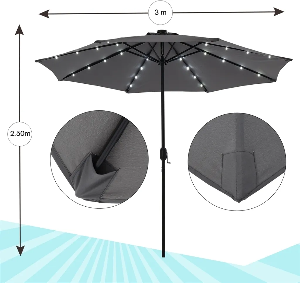 Mucola Parasol de jardin 3m Gris avec LED Pivotant 360° Terrasse