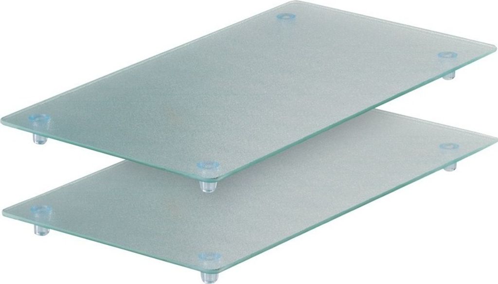 Two glass cutting boards stacked on top of each other, with clear plastic feet.