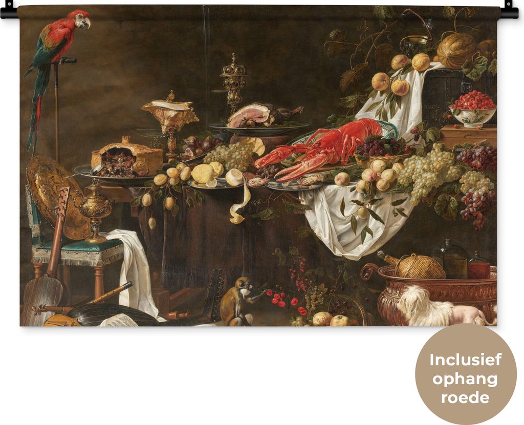 MuchoWow Wandteppich Wandbehang Stilleben im Druck - Adriaen van Utrecht - Ölfarbe 90x60 cm Tapisserie Dekoration Wandtuch - Wandskulpturen - Bi...