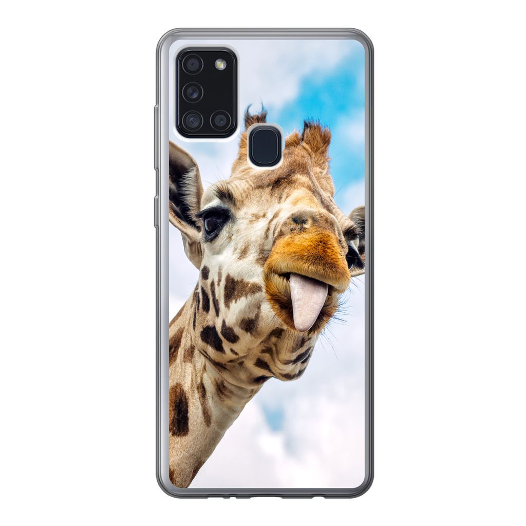 MuchoWow Handyhülle Schutzhülle Hülle für Samsung Galaxy A21s Giraffe - Lustig - Zunge - Kinder - Jungen - Mädchen - Kind Silikon Softcase H...