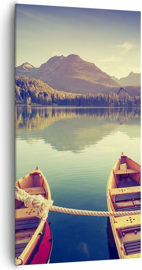 Bild auf Leinwand - Leinwandbild - Berge See Boot - 65x120cm - Wand Bild - Wanddeko - Wandbilder - Leinwanddruck - Bilder - Kunstdruck - Wanddekora...