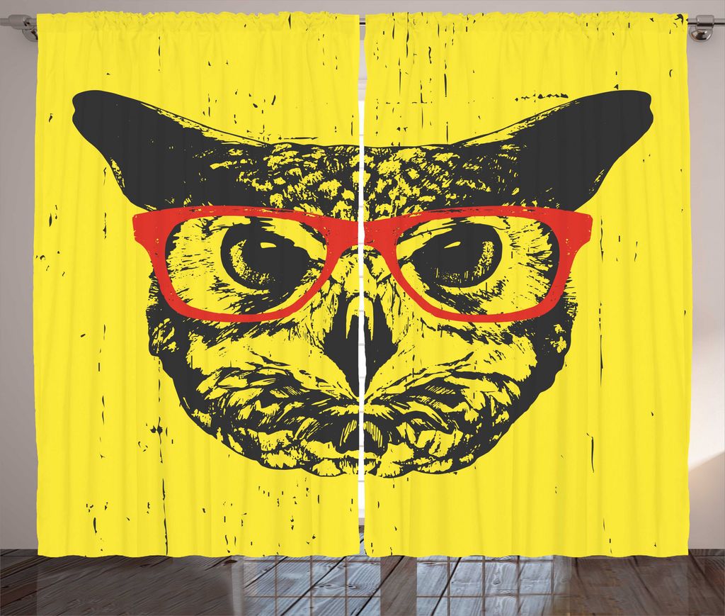 ABAKUHAUS Eule Rustikaler Vorhang, Hipster Grunge Humorvoll, Wohnzimmer Universalband Gardinen mit Schlaufen und Haken, 280 x 175 cm, Dunkelgrau Ge...