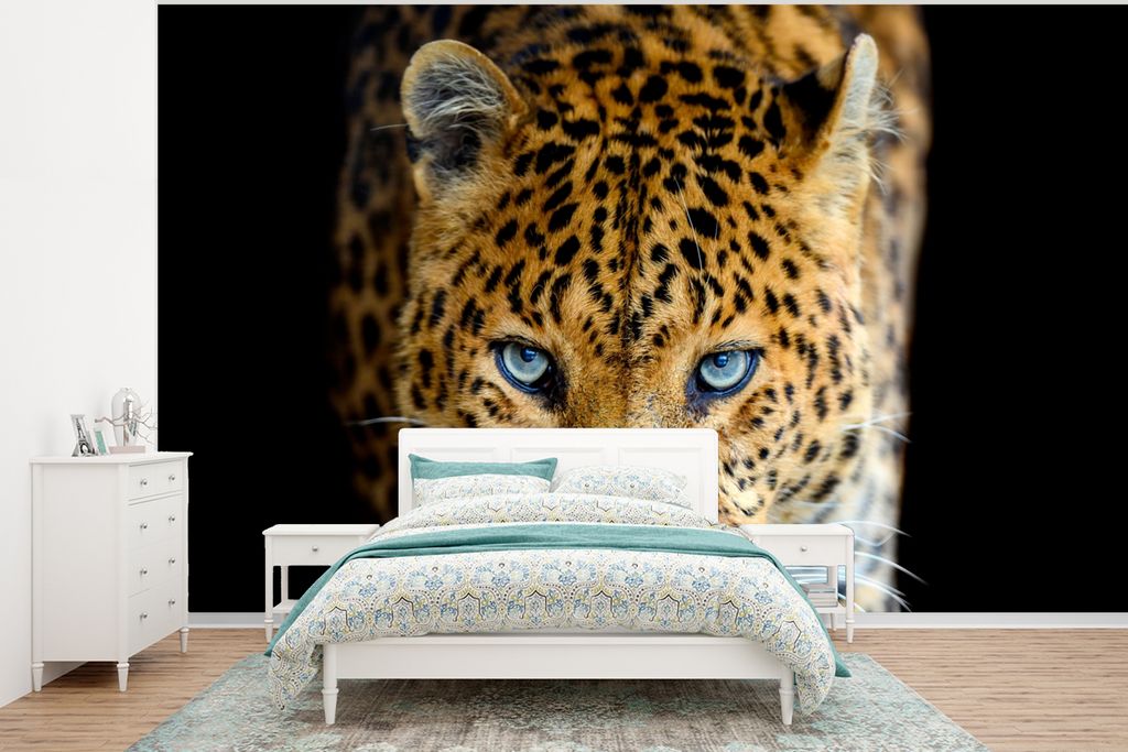 MuchoWow Fototapete für Wohnzimmer oder Schlafzimmer Wandtapete Vinyl Motivtapete Leopard - Tiere - Porträt - Wildtiere - Schwarz - 400x300 cm ...