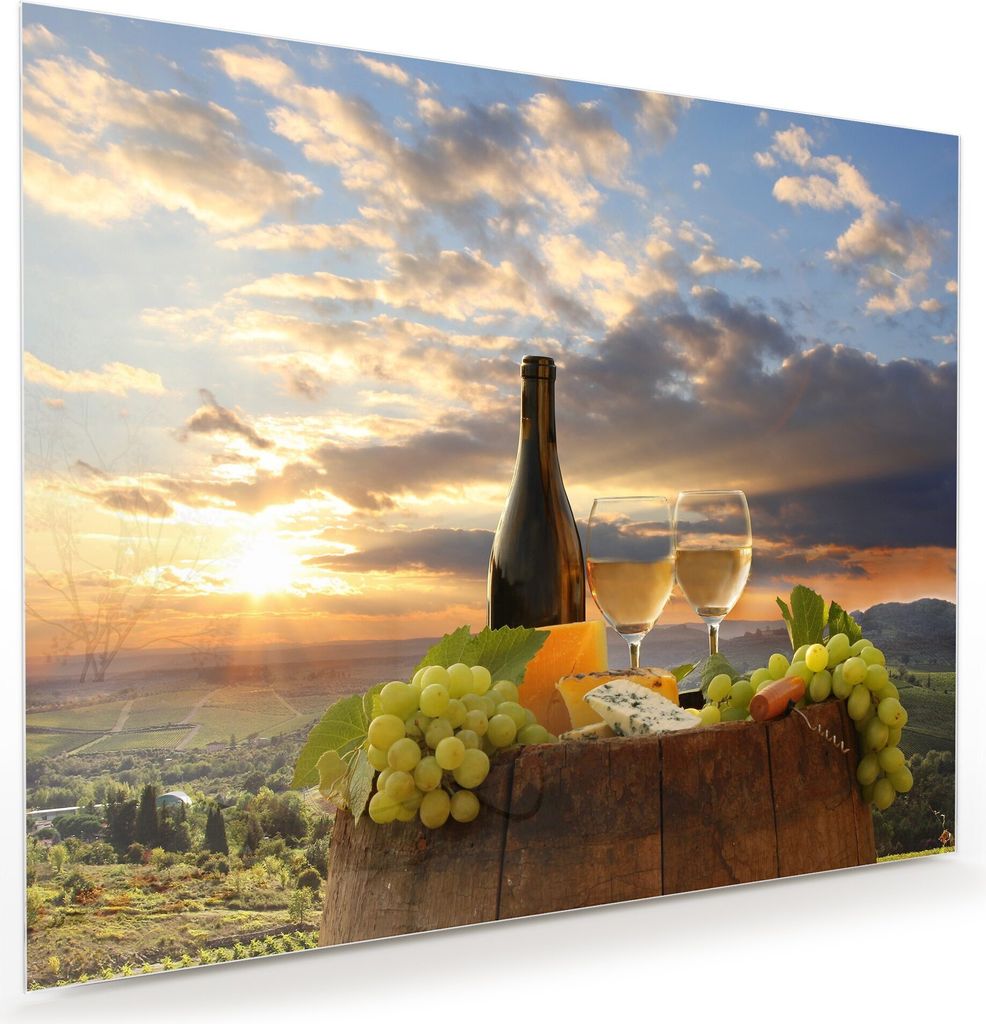 Glasbild Wandbild Weisswein mit Barrel 100x80cm in XXL für Wohnzimmer, Schlafzimmer, Badezimmer, Flur
