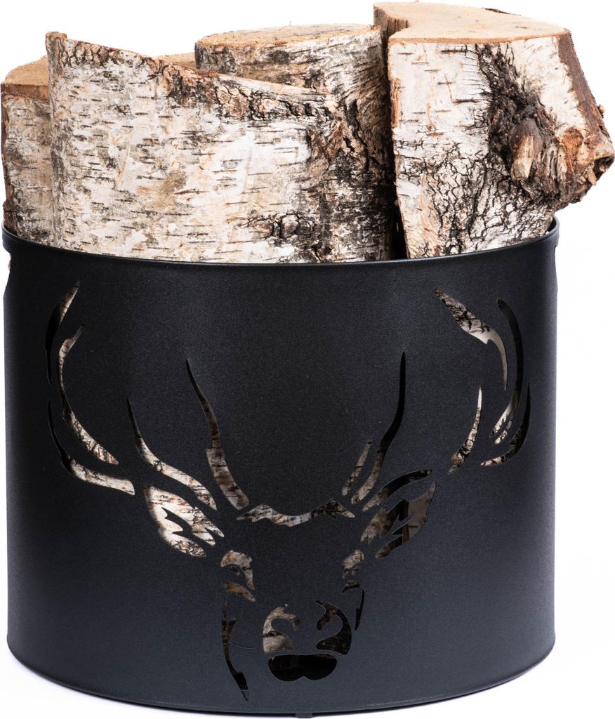 Kaminholzkorb 33 x 26 cm – Metall Schwarz pulverbeschichtet – Holzträger mit Hirschmuster – Robuster Holzkorb für Kamin, Wohnzimmer & Deko,...