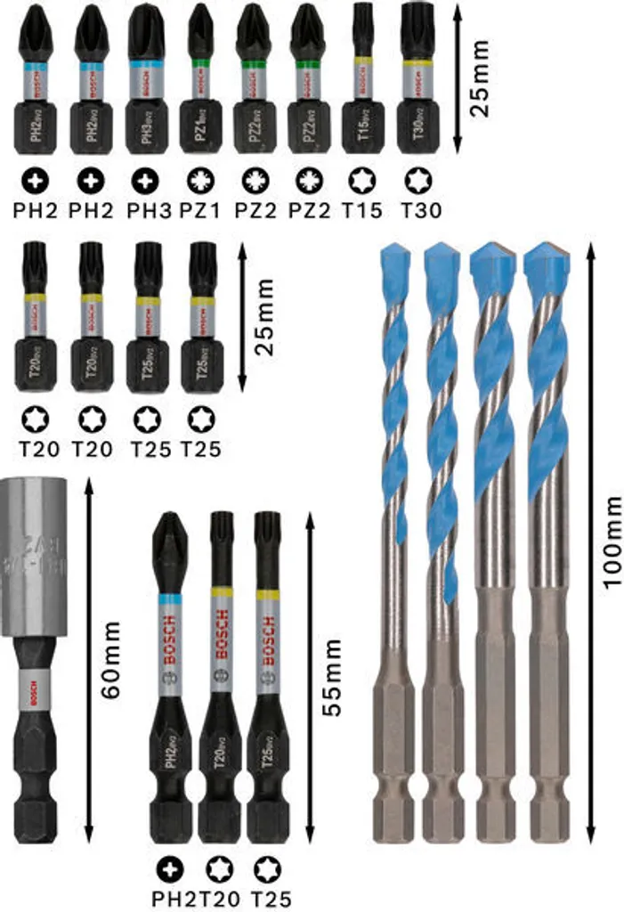 Embouts de vissage PRO Impact et forets Multi Construction Bosch 20 pcs