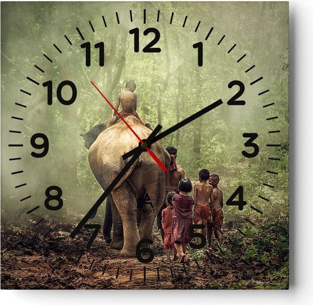 Wanduhr - Quadrat - Glasuhr - Elefant Dschungel Nebel - 30x30cm - Schleichendes Uhrwerk - Lautlos - zum Aufhängen bereit - Dekoration Modern - Wan...