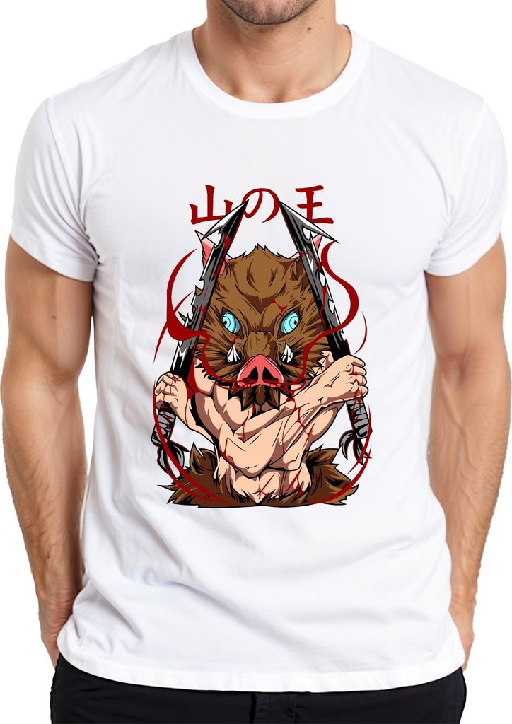 Inosuke Wildschwein Maske Dämonenjäger Dualklingen Anime Geschenk Herren T-Shirt, Weiß, 3XL