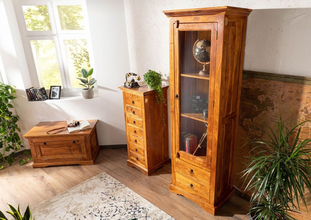 MASSIVMOEBEL24 Vitrine Akazie 65x44x191 honig lackiert OXFORD #0432