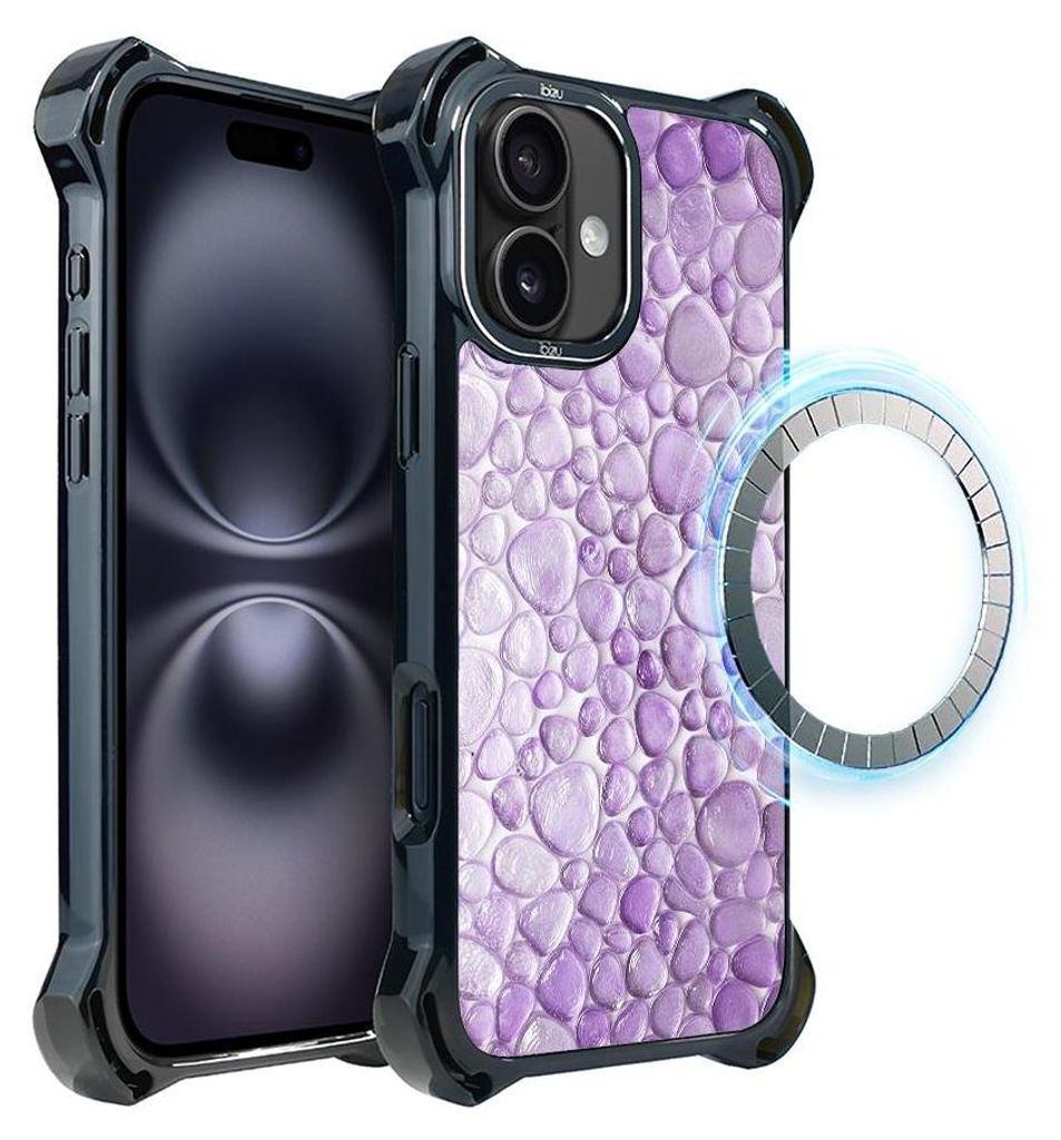 Schutzhülle für das iPhone 16, MagSafe-kompatibel, verstärkte Ecken, schwarz, violette Wassertropfen