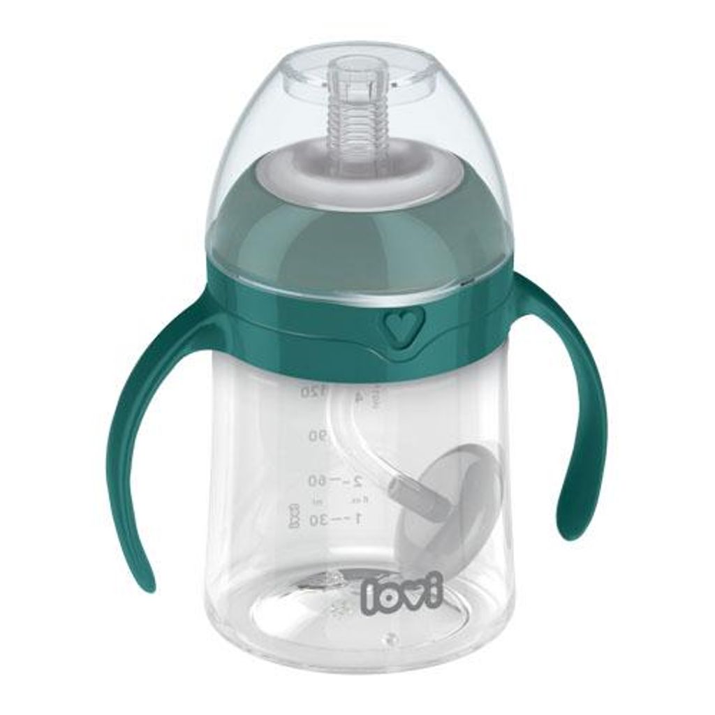 A baby's sippy cup with a weighted straw.