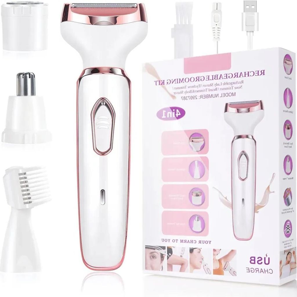 Elektrischer Damenrasierer 4-in-1, wiederaufladbar über USB, wasserdicht, mit LED-Licht, für Körper, Achseln, Bikinizone, Gesicht & Nase, weiß