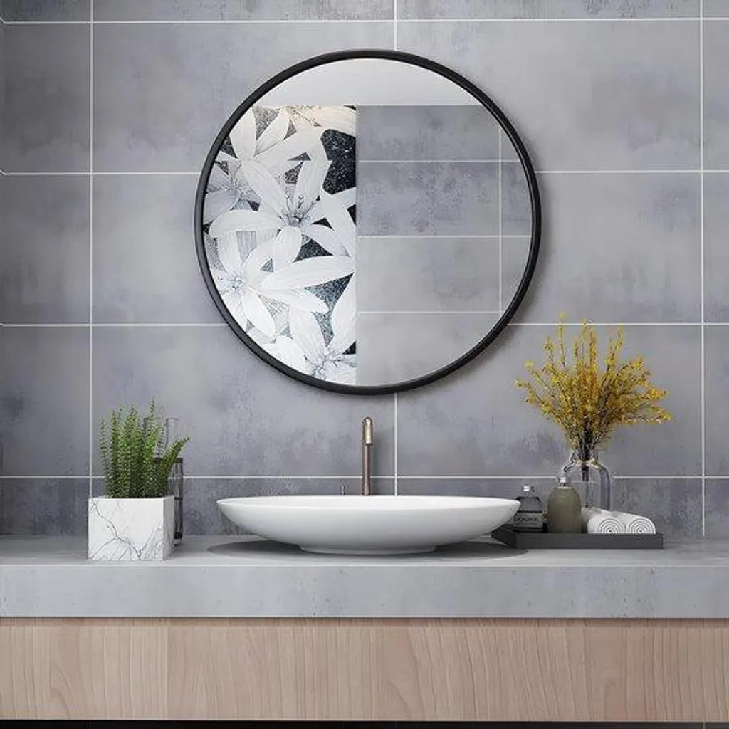 Miroir mural rond en métal noir 70x70 cm pour salle de bain et toilettes