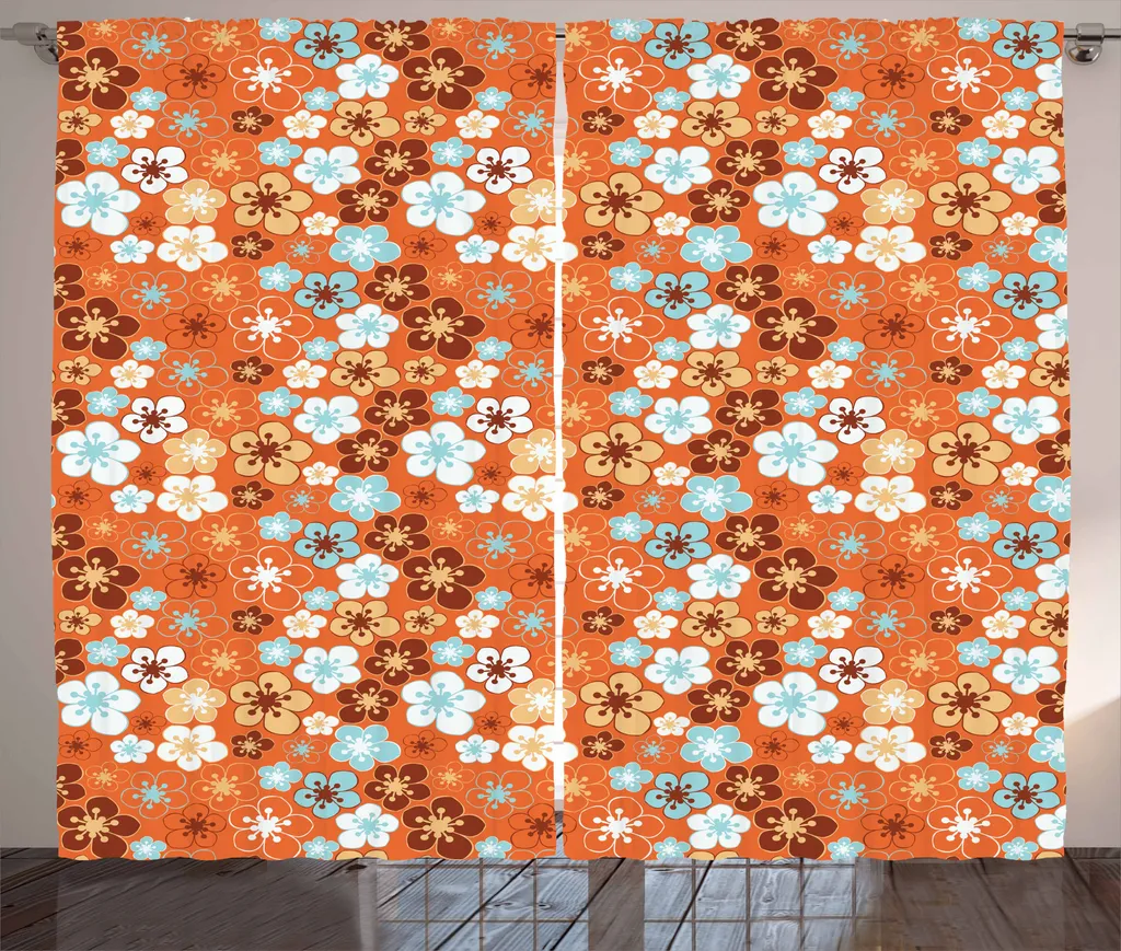 Rideau floral orange et bleu ciel 280x225 cm à motif estival griffonné
