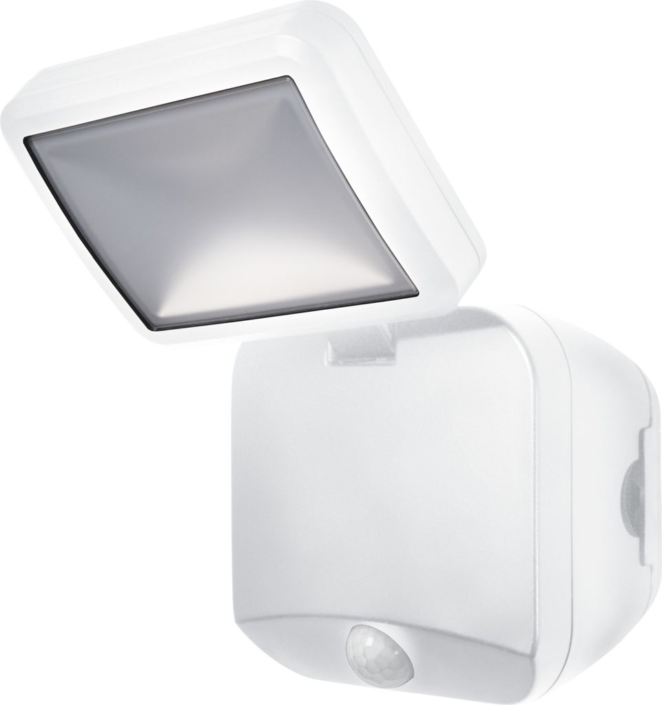 A white LED outdoor spotlight with a motion sensor, shown against a white background.