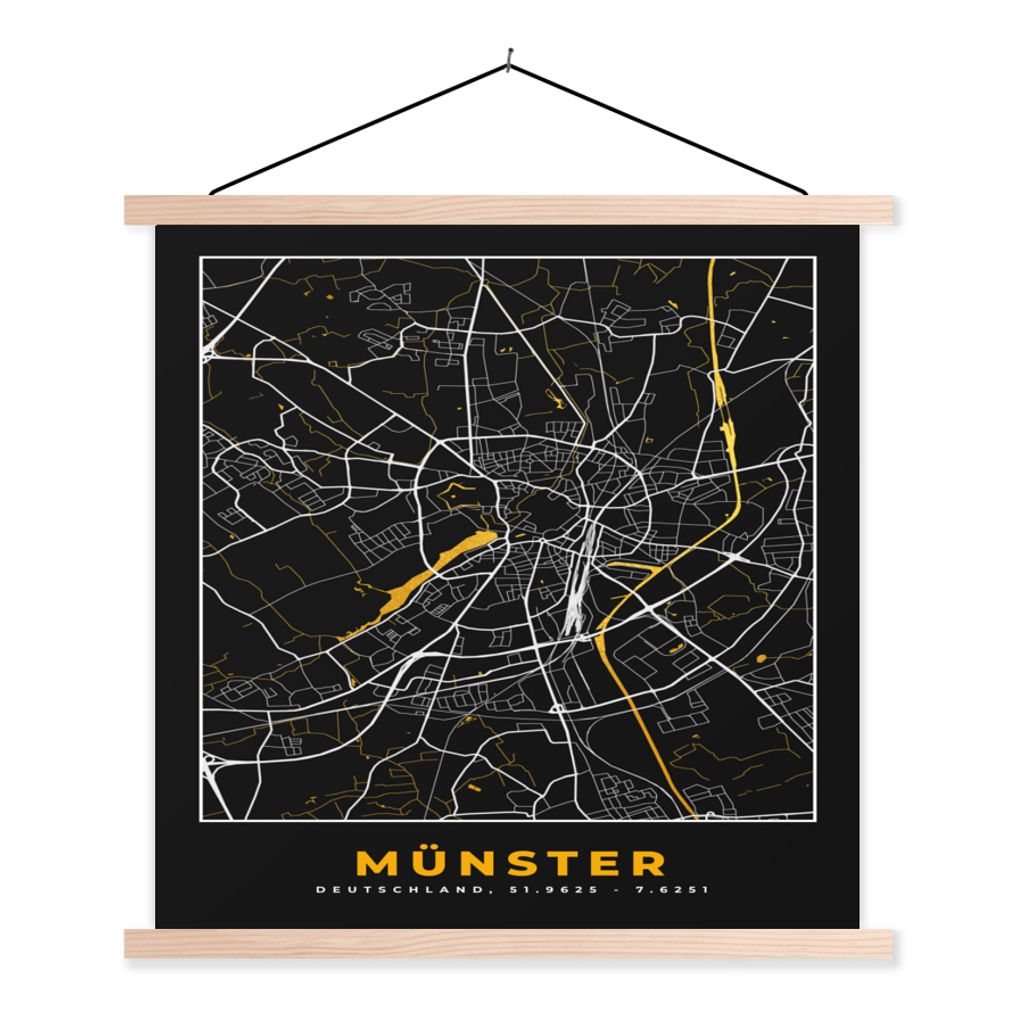 MuchoWow Textilposter Münster - Stadtplan - Karte - Deutschland - Gold 40x40 cm mit holzfarbenen Rahmen - Posterleiste