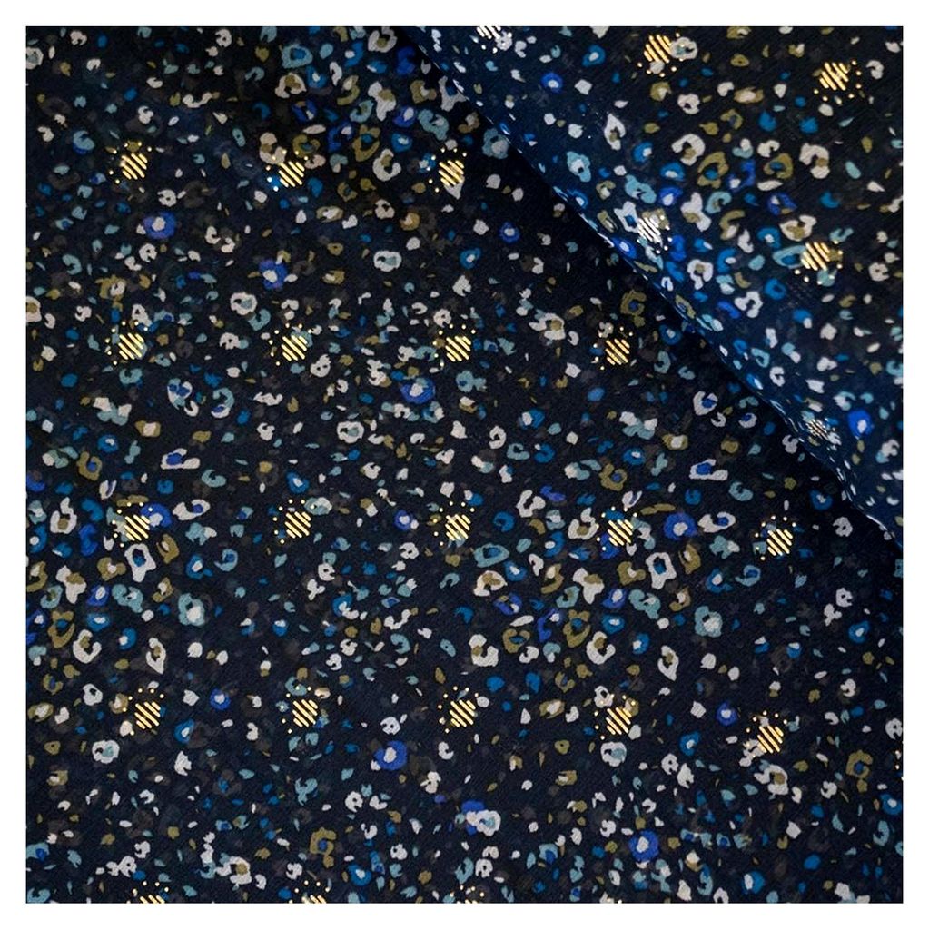 (11,90 /m) Chiffonstoff Panther Leo blau Meterware | Chiffonstoff mit goldenen Folienpunkten | Blusenstoff zum Nähen (blau)