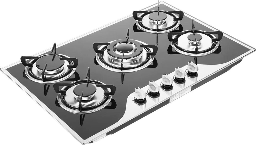 Gaskochfeld - Einbaumodell - 5 Brenner - Brenner aus Aluminiumlegierung - Beschichtete Glasoberfläche - Drehknopf-Bedienung - LPG/Erdgas - Schwarz