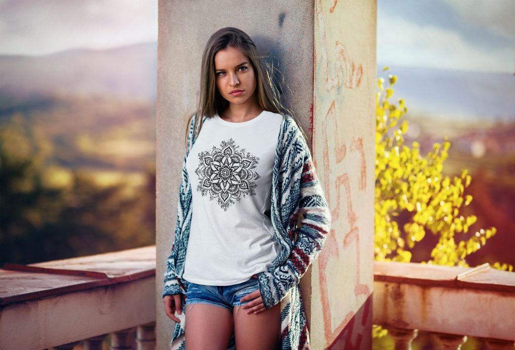 Damen T-Shirt Mandala Ornament Bohemian Boho Ethno Slim Fit Neverless weiß M