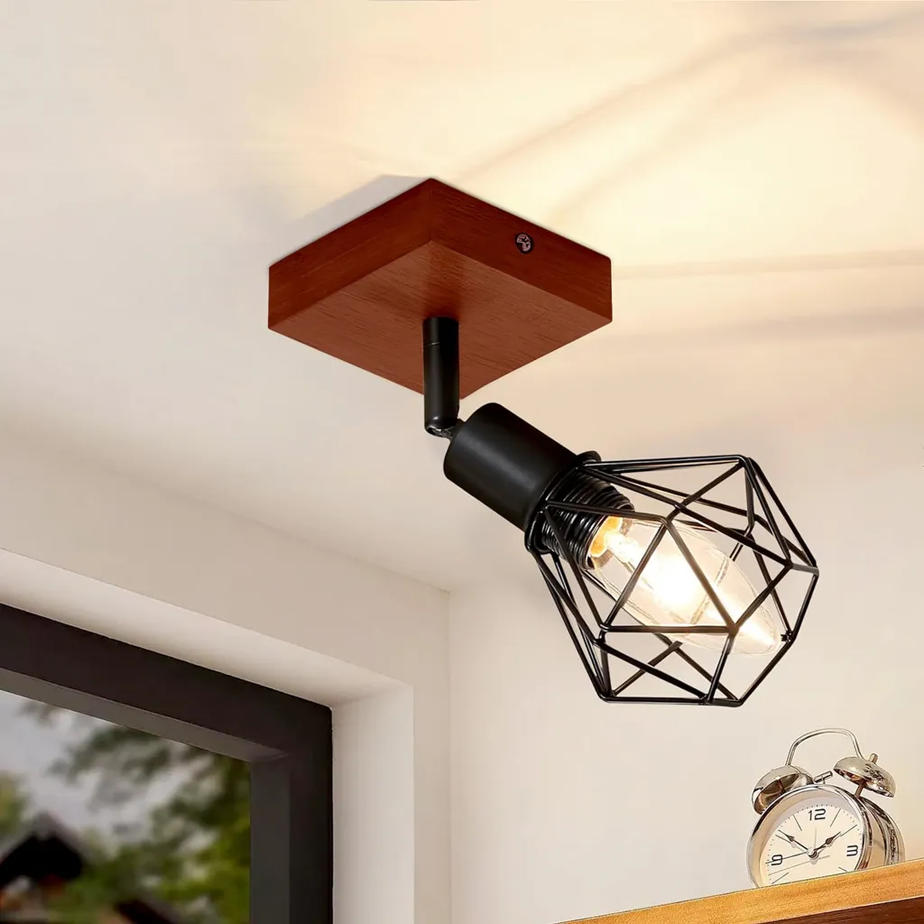 ZMH Faretto da soffitto Nero 1 Fiamma Faretto da parete E14 Vintage Regolabile 350° Paralume in metallo Legno per soggiorno corridoio camera da letto