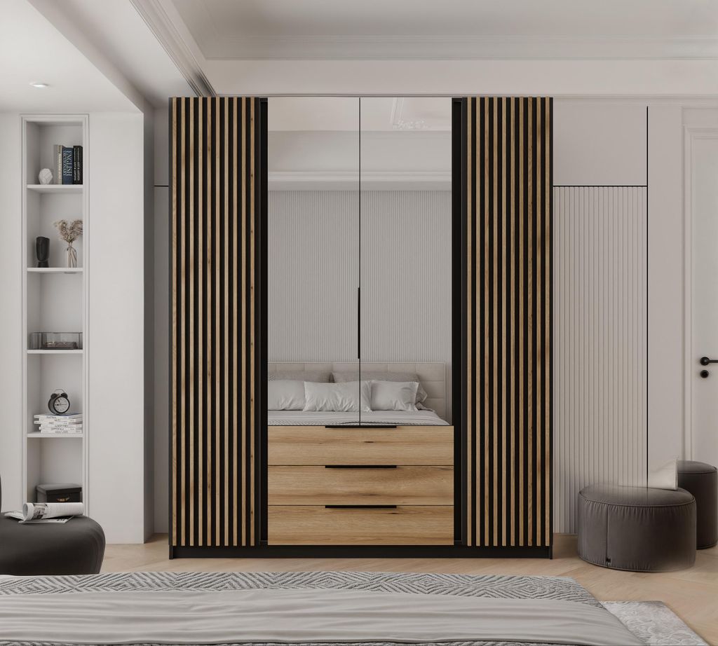 Viertüriger Drehtürenschrank VERONA mit Spiegel und Lamellen Moderner stilvoller Loft-Kleiderschrank schwarze