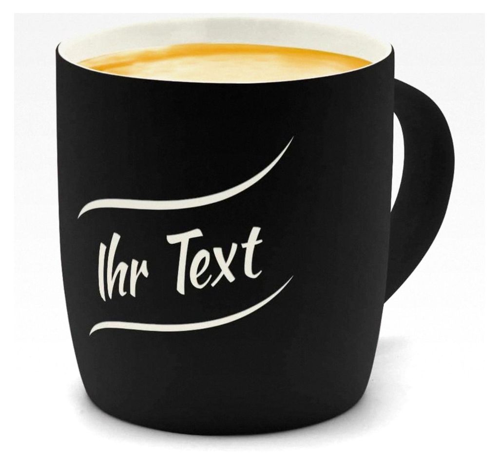 Kaffeebecher mit individuellem Text graviert - SoftTouch Tasse mit Wunschtext - Matt-gummierte Oberfläche - Farbe Schwarz - Motiv: Textwelle 1. Ze...