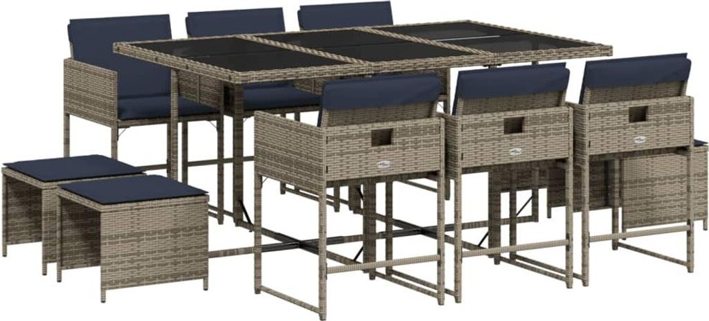 vidaXL 11-teiliges Garten-Ess-Set mit Kissen, grau, Polyrattan