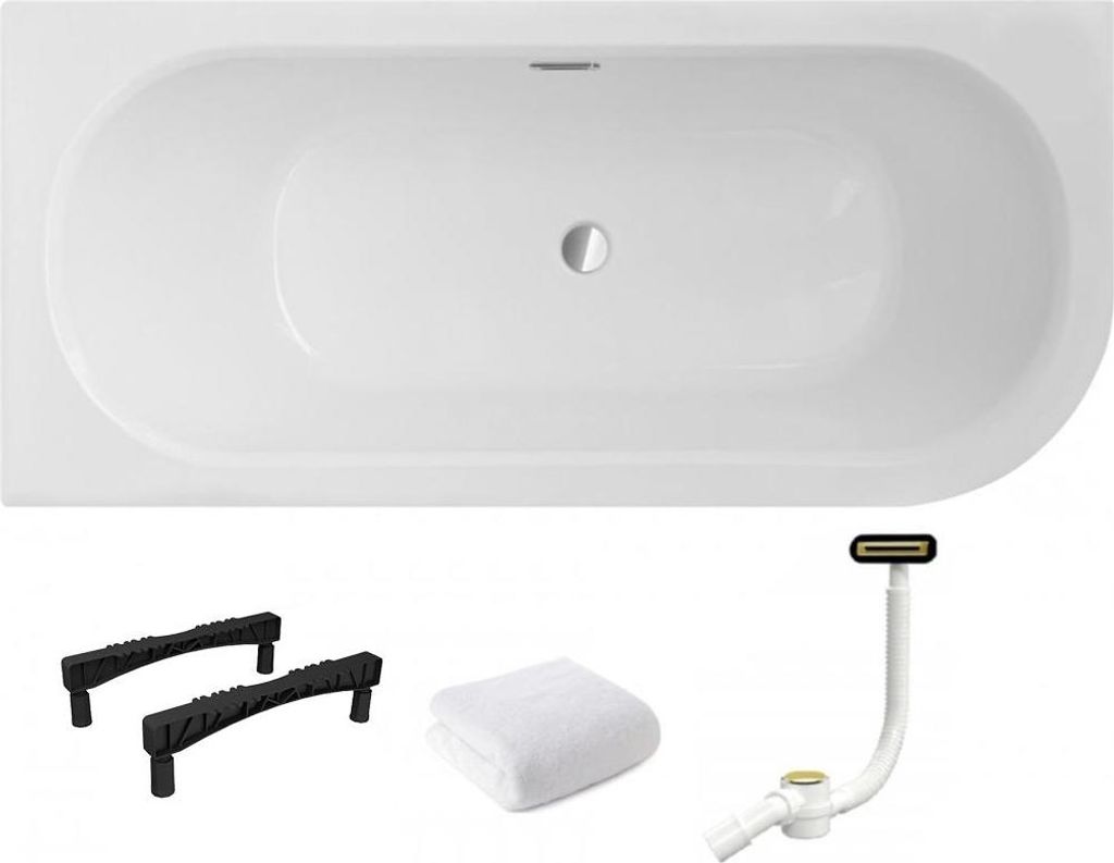 Aqua For You | Avita Badewanne - 170 x 75 cm - Links - Asymmetrisch – Acryl – Gold Siphon – Gestell Typ W – Modern – Duschbadewanne geeignet
