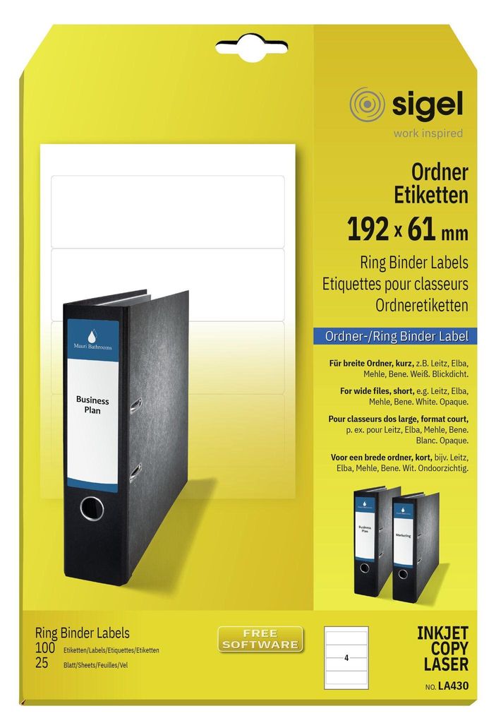 SIGEL LA430 Ordner-Etiketten, für breite Ordner, kurz, 192 x 61 mm, weiß, blickdicht, 100 Etiketten
