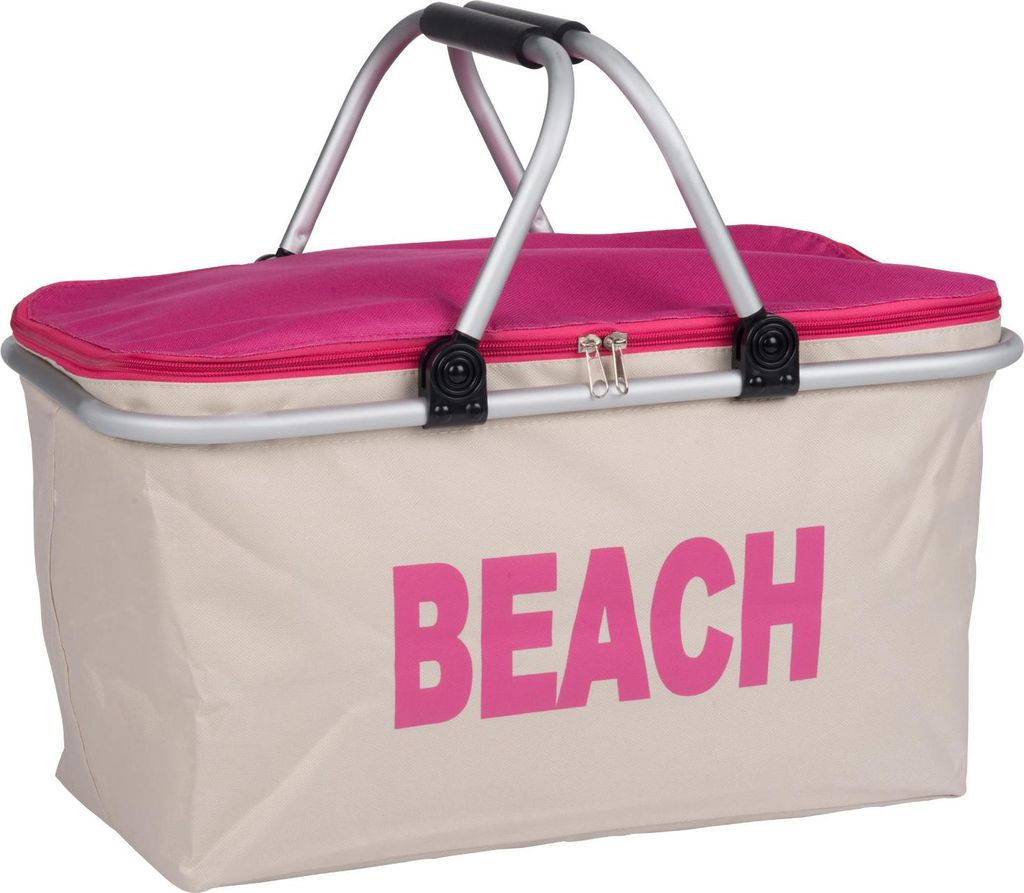 Faltbare Kühltasche mit umlaufenden Alu-Rahmen und Aufdruck Beach Frabe Beige/Pink 32 Liter 48 x 28 x 26 cm
