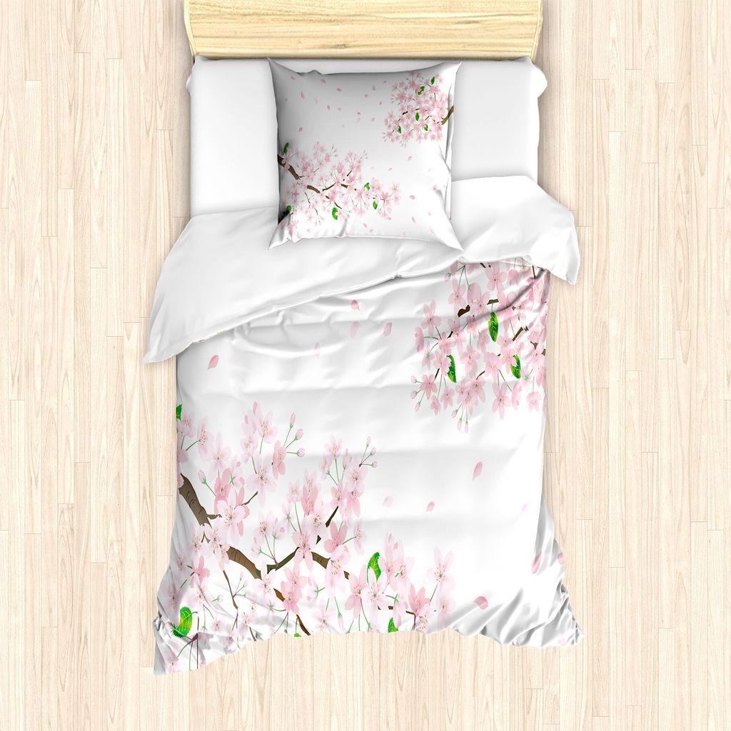 ABAKUHAUS Blumen Bettbezug Set für Einzelbetten, Weiche Sakura Blumen-Niederlassungen, Milbensicher Allergiker geeignet mit Kissenbezug, 135 cm x ...