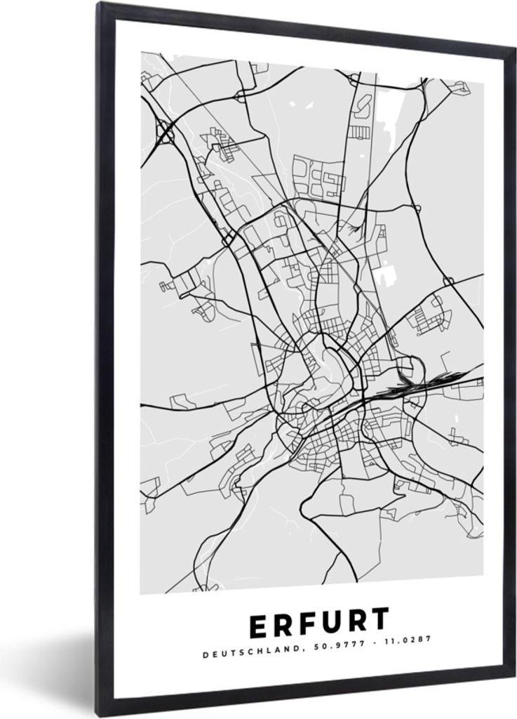 MuchoWow Gerahmtes Poster Karte - Erfurt - Karte - Deutschland 60x90 cm - Poster mit Schwarzem Bilderrahmen Wandposter Rahmen Foto Bilder - Kunst