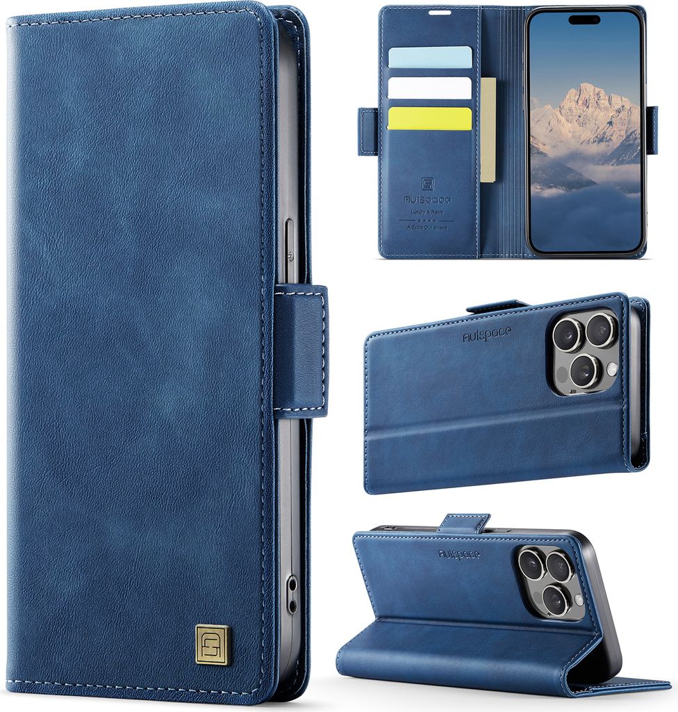 Lederhülle für iPhone 15 Pro, RFID Schutz Handyhülle mit Magnetverschluss, Kartenfächern und Ständer Blau