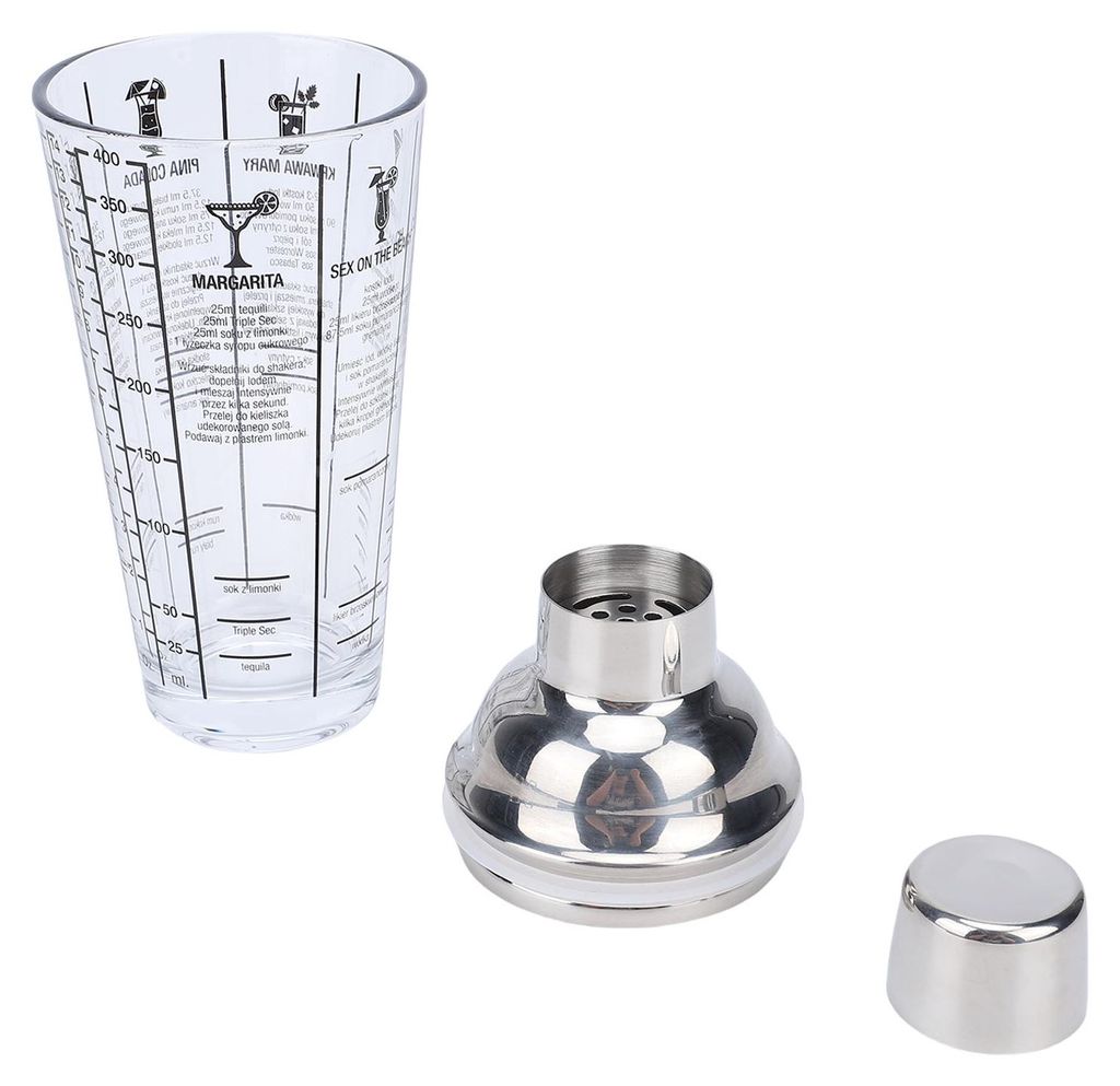 Glas-Cocktailshaker, 400 ml, mit Edelstahldeckel und integriertem Sieb, transparenter Shaker mit doppelter Skala und Rezept für die Hausbar und Pa...