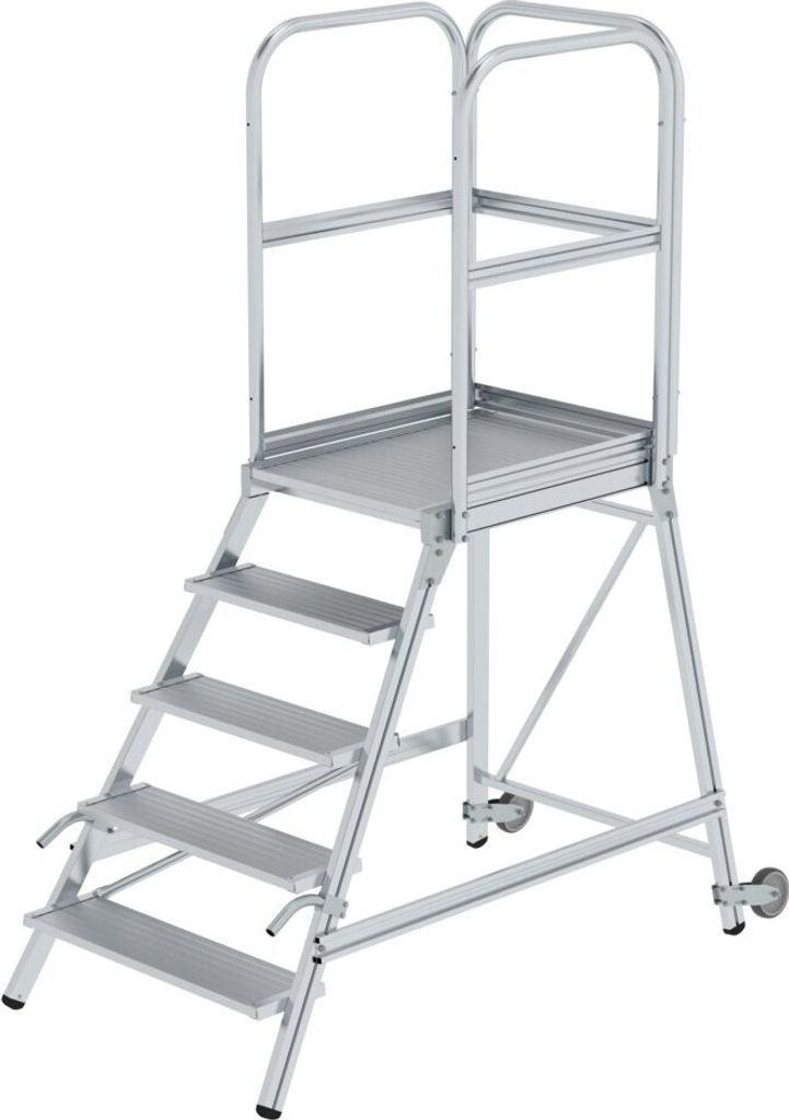 Podesttreppe einseitig begehbar mit Rollen und Griffen | Aluminium geriffelt | 5 Stufen | Rutschsichere Leiterschuhe