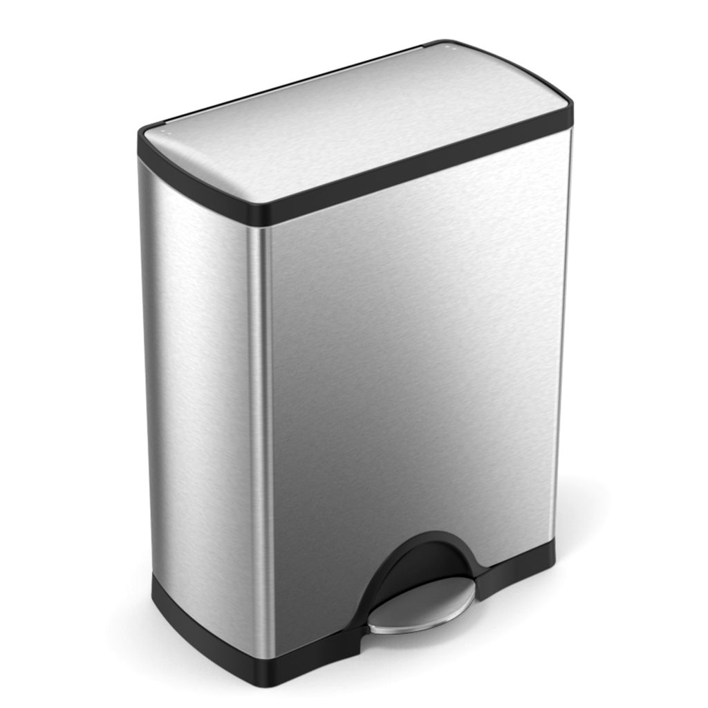 A studio shot of a rectangular stainless steel trash can with a black lid and pedal.
