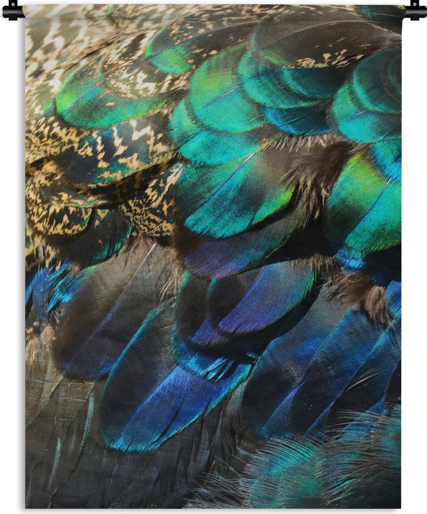 MuchoWow Wandteppich Wandbehang Federn - Pfauenfedern - Pfau - Blau - Kunst 120x160 cm Tapisserie Dekoration Wandtuch - Wohnzimmer - Moderne