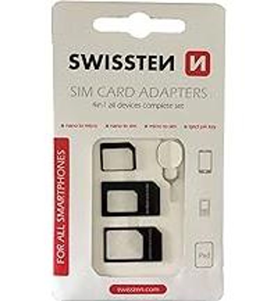 Swissten 4 in 1 SIM Adapter - NanoSIM auf MicroSIM Adapter, MicroSIM auf Standard-SIM-Karte, NanoSIM auf Standard-SIM-Karte - Kompatibel mit Allen ...