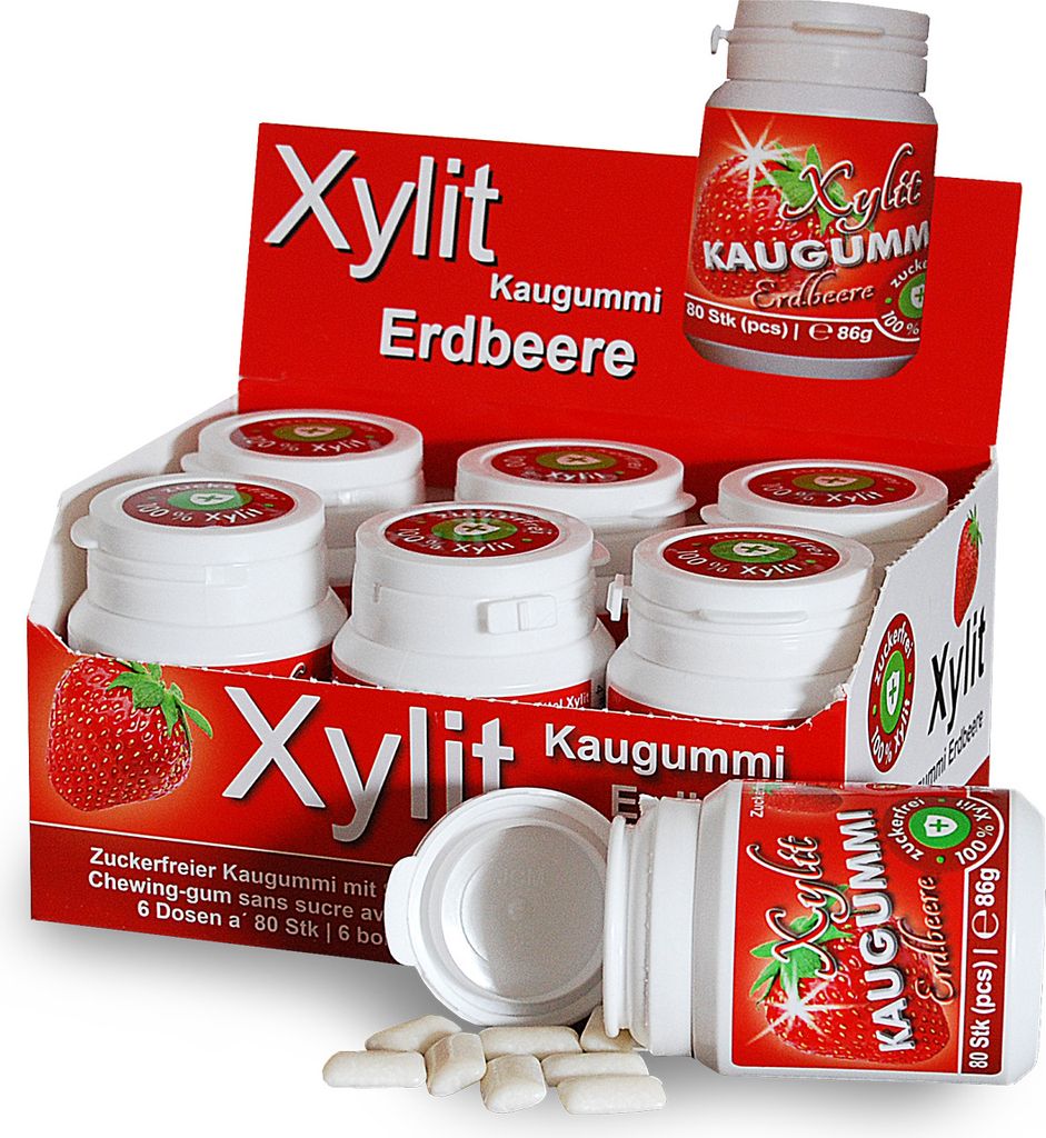 Xylitquelle Zahnpflegekaugummi ERDBEERE | 6 x 80 Stk | 100% Xylit für angenehmen Atem | zuckerfrei, vegan, ohne Aspartam | 480 Kaugummis (6er Pack)