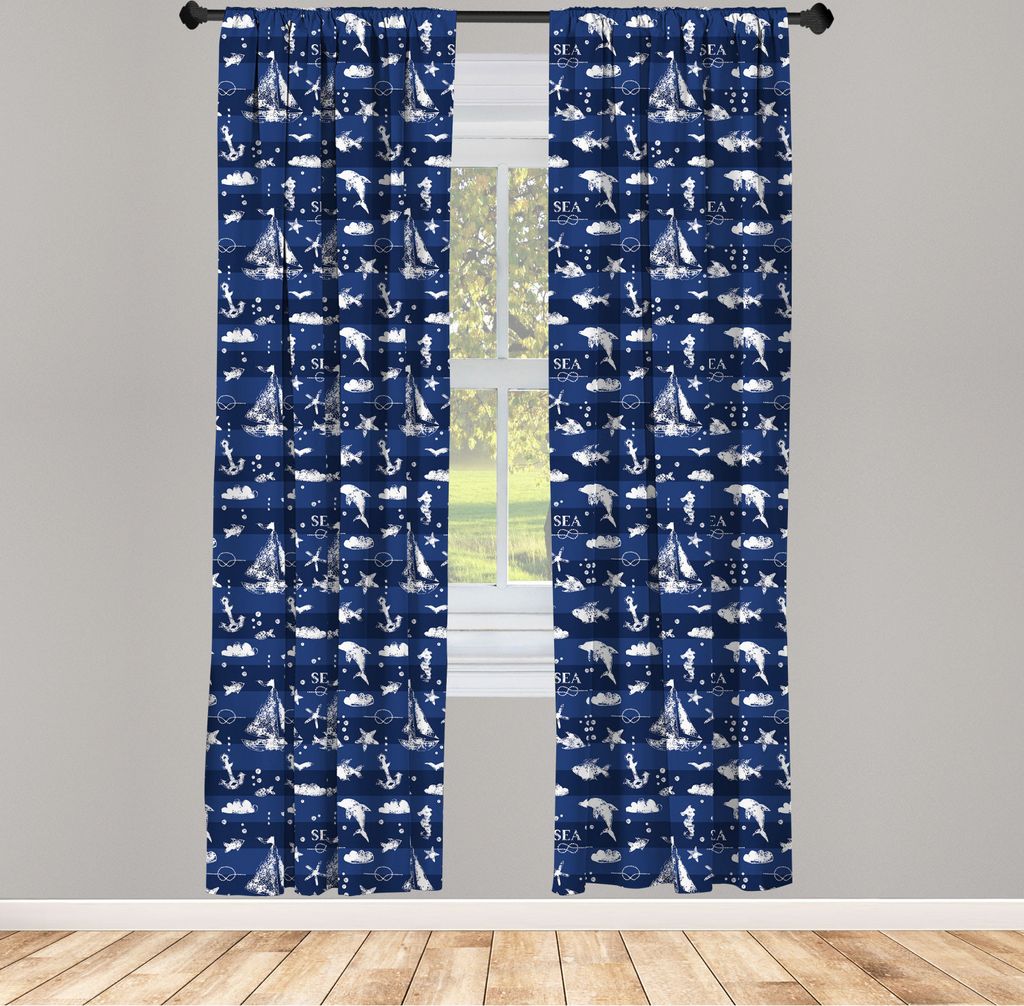 ABAKUHAUS Navy blau Vorhänge, Gardinen, Segelboot Vertikaler Streifen Muster Anker Fischt Möven Farben Effekt Seethema, 2 Stück 75 x 175 cm, , B...