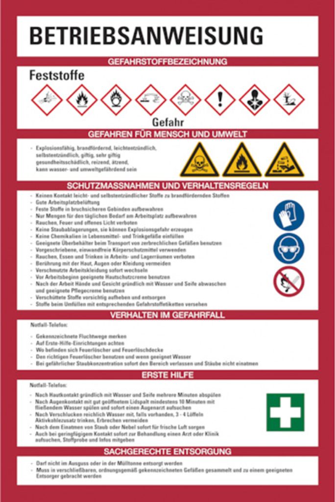 Dreifke Aushang, Betriebsanweisung für Feststoffe - GHS/ISO 7010 Piktogramme...