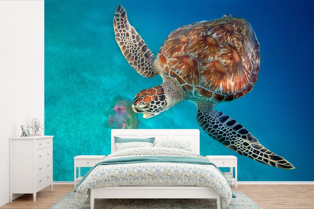 MuchoWow Fototapete für Wohnzimmer oder Schlafzimmer Wandtapete Vinyl Motivtapete Grüne Schildkröte mit Qualle - 420x280 cm - Zimmer für Kinder