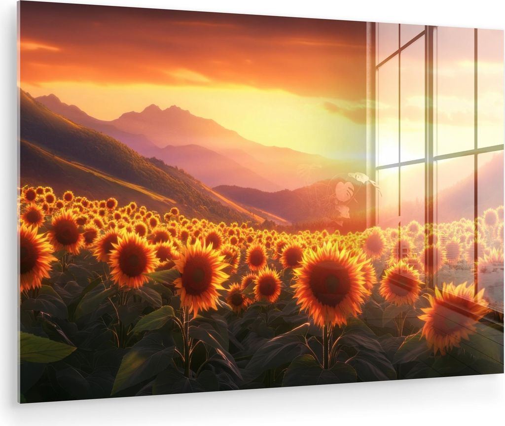 MuchoWow Glasbilder - Bilder auf Wandbild - Foto auf Glas Sonnenblumen - Sonnenuntergang - Landschaft 30x20 cm Wanddekoration aus Glas - Acrylglasb...