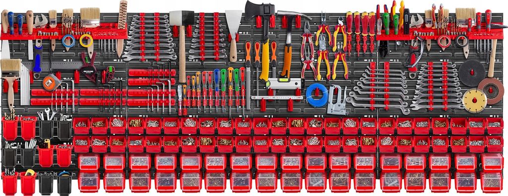 A wall-mounted tool organizer filled with various tools and storage bins.